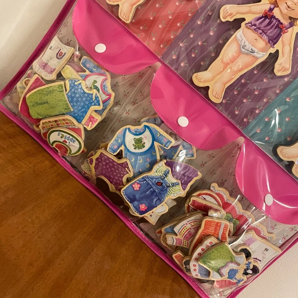 Vintage Wooden Doll Dress Up Set Magnetic Hard Wood Paper Dolls Outfits Tote Bag